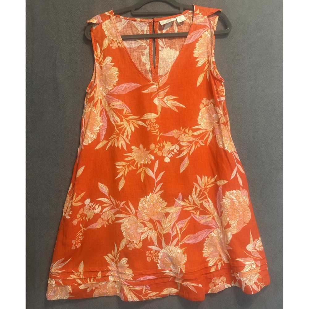 Cynthia Rowley 100% Linen Shift Dress Size S Orange Floral Tropical Beach Resort